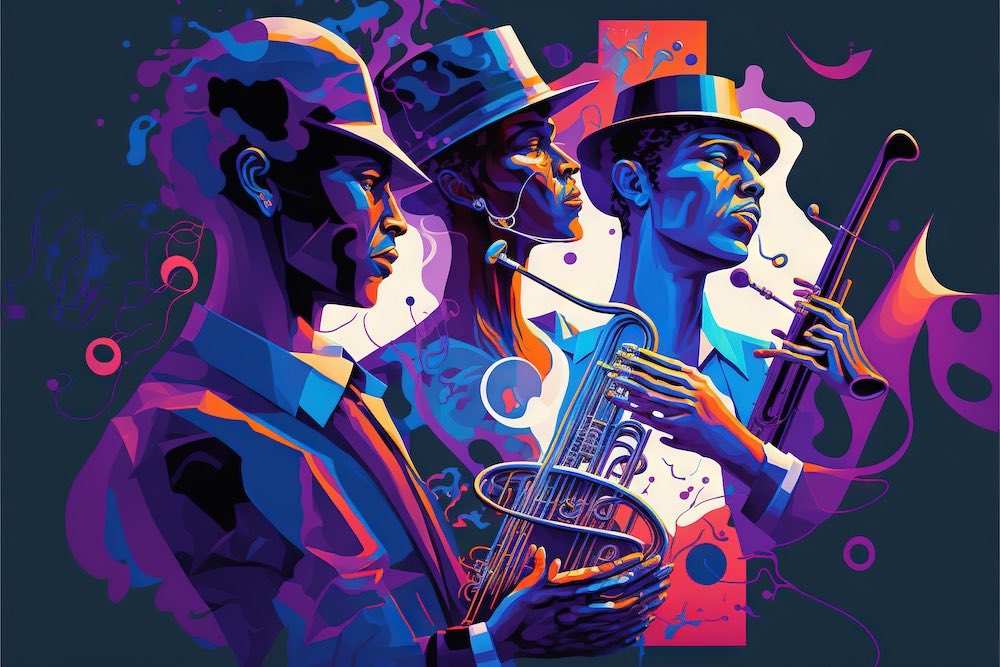 En illustration av tre män som spelar jazz instrument